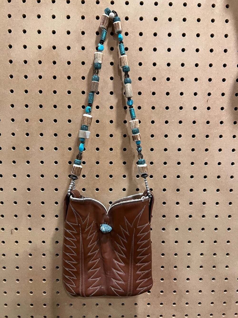 Upcycled Cowboy Boot Crossbody Bag with Beaded Antler Strap